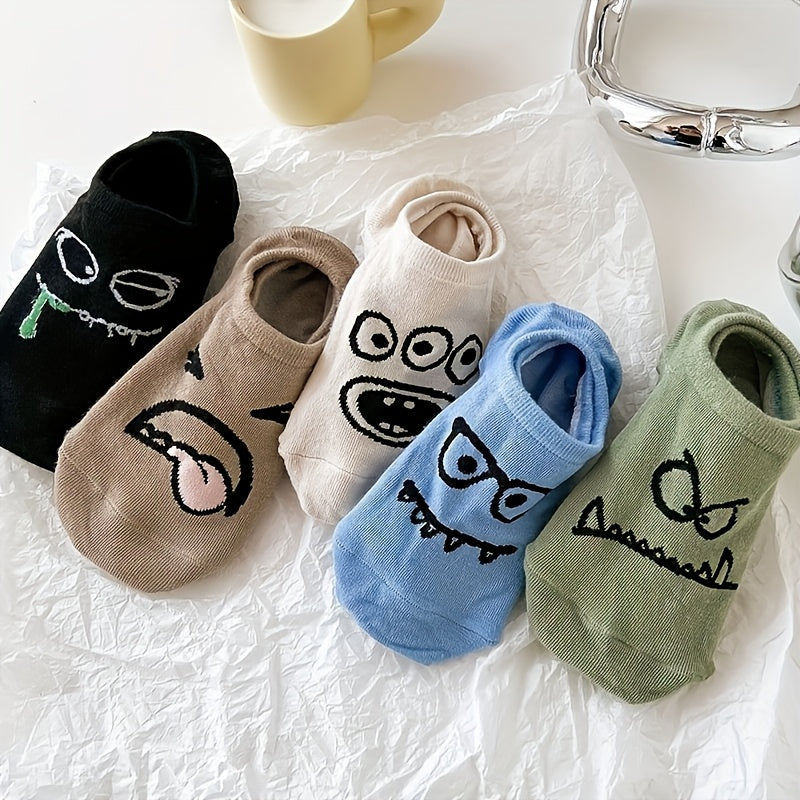 5\u002F10 Pairs Of Small Monsters Cartoon Expression Boat Socks Women Shallow Mouth Invisible Cute Personality Interesting Short Tube Not Falling Off with Soft And Comfortable