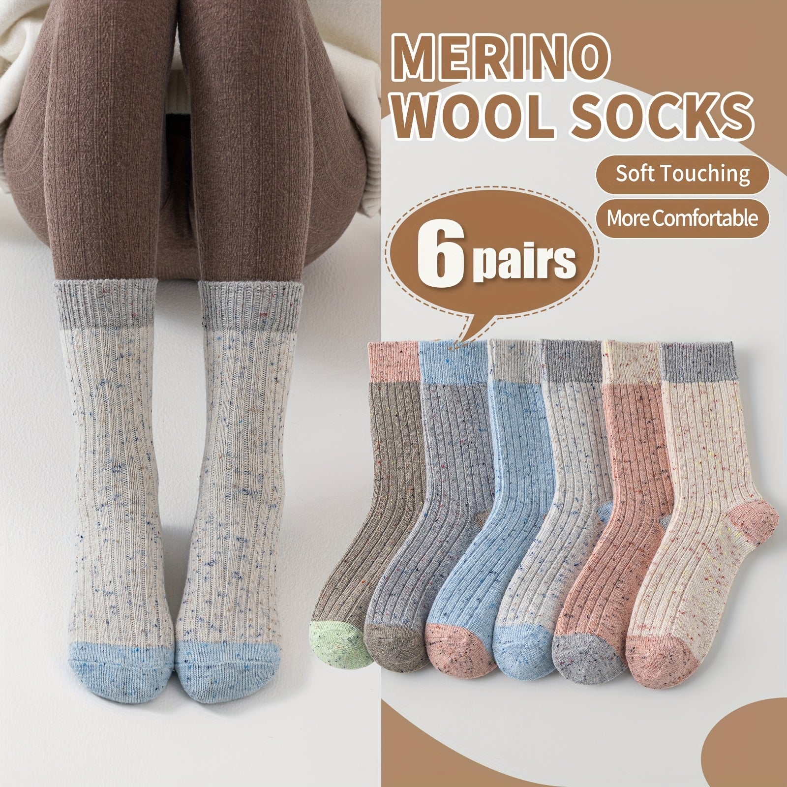 6 Pairs Merino Wool Cute Striped Women Socks, Crew Long Fashion Socks, Color Blocked Striped Pile Socks Hiking Warm Winter Thick Thermal Crew Cozy Cabin Ladies Gift Comfy Boot Work Socks