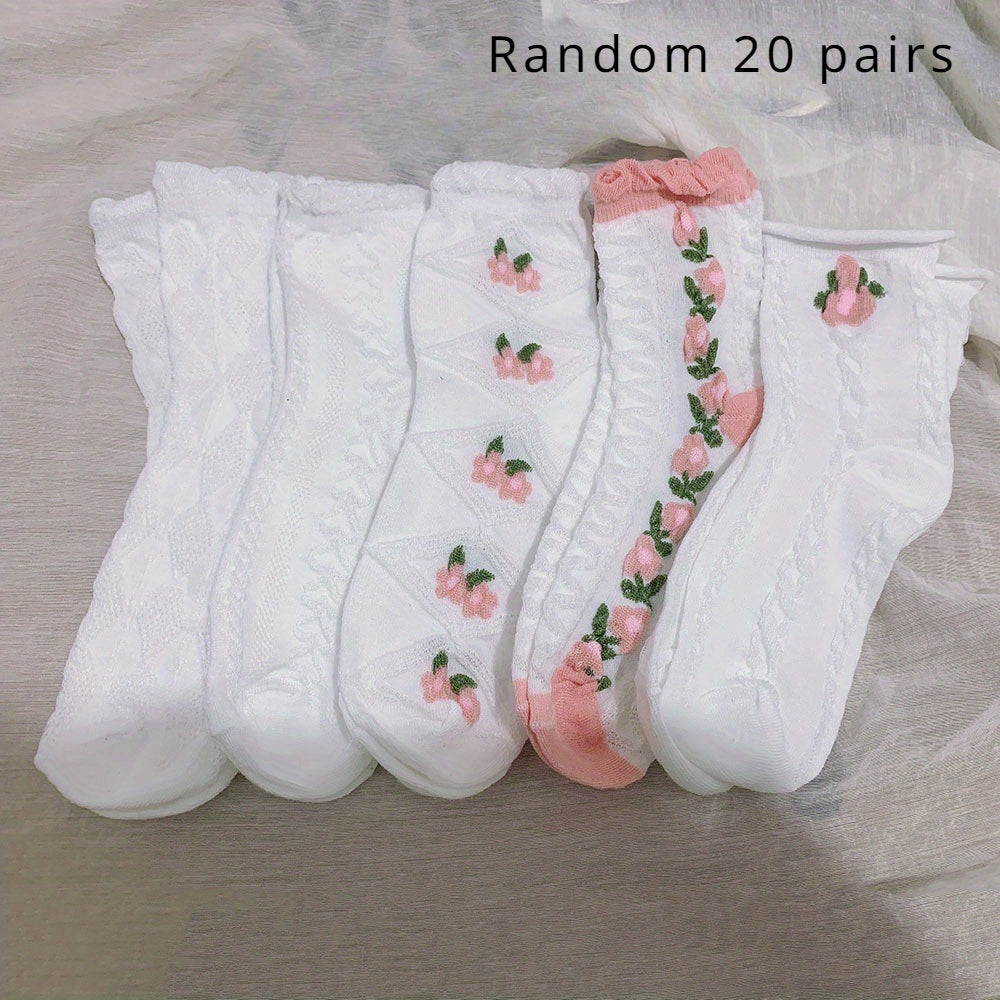 10\u002F20\u002F30 Pairs Women'S Floral Lace Mid-Calf Socks - All-Season Lightweight Pastel Pink & White, Delicate Ribbed Cuffs, Breathable Polyester for Casual Outdoor Wear, Feminine Sock Design