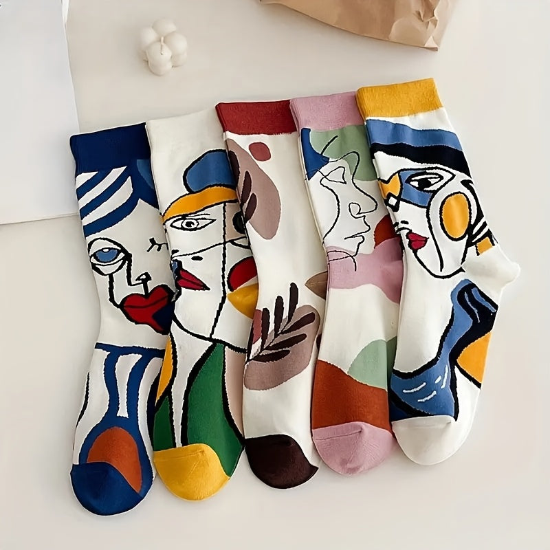 5 Pairs Of 5-color Spring\u002Fsummer Women'S Socks, Breathable And Sweat Absorbing Women'S Long Socks, Autumn\u002Fwinter Socks, Facial Art Socks, Mid Tube Socks