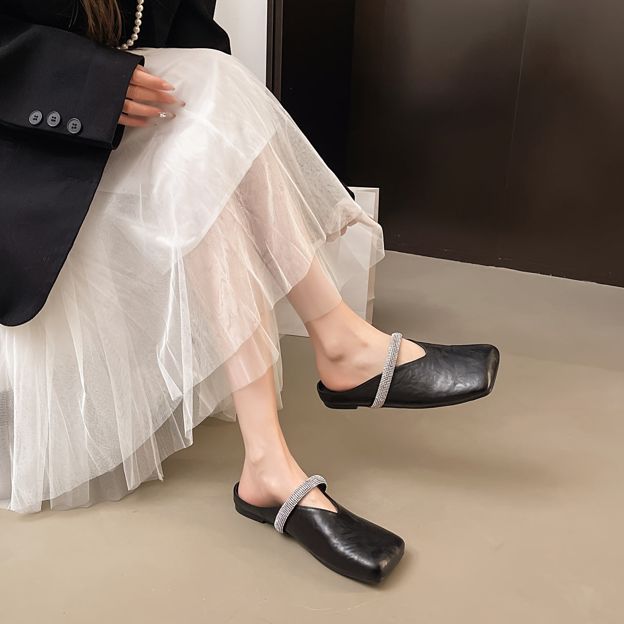 Women's Elegant Slip-On Slippers with Shiny Decoration- Soft Synthetic Fiber Outer Layer, Cushioned Inner Pad and Non-Slip PU Sole- Comfortable for Summer Indoor\u002FOutdoor Home, Office, Hotel Use, Cute Closed-Toe Slippers with Decorative Design and S