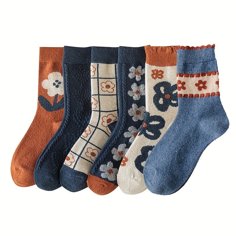 6 Pairs of Women'S Thick Medium Tube Socks, Retro Cartoon Animals And Geometric Patterns, Soft And Comfortable Autumn And Winter Thermal Socks, Fashionable And Casual Suede Socks