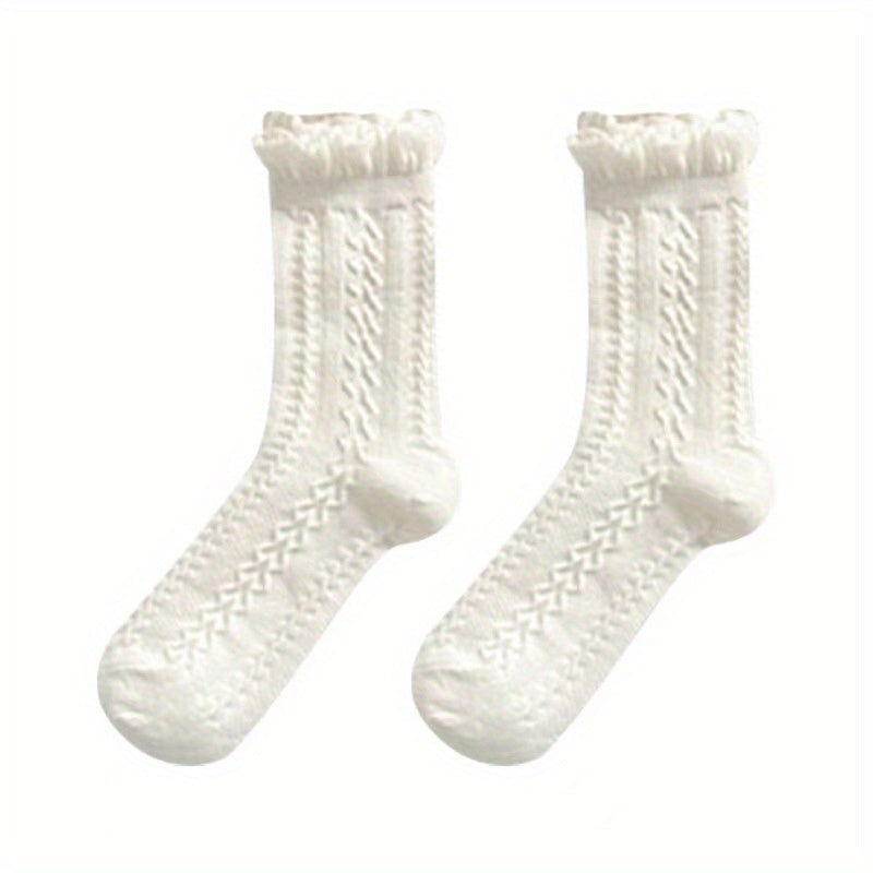 10\u002F20\u002F30 Pairs Women'S Floral Lace Mid-Calf Socks - All-Season Lightweight Pastel Pink & White, Delicate Ribbed Cuffs, Breathable Polyester for Casual Outdoor Wear, Feminine Sock Design