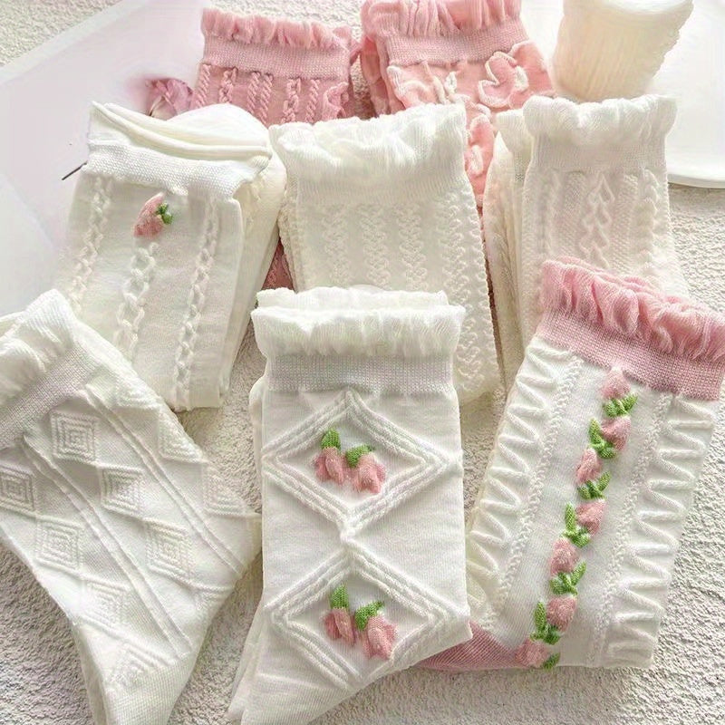 10\u002F20\u002F30 Pairs Women'S Floral Lace Mid-Calf Socks - All-Season Lightweight Pastel Pink & White, Delicate Ribbed Cuffs, Breathable Polyester for Casual Outdoor Wear, Feminine Sock Design