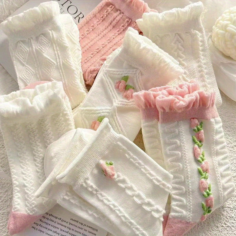 10\u002F20\u002F30 Pairs Women'S Floral Lace Mid-Calf Socks - All-Season Lightweight Pastel Pink & White, Delicate Ribbed Cuffs, Breathable Polyester for Casual Outdoor Wear, Feminine Sock Design