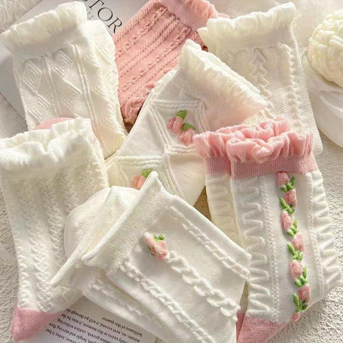10\u002F20\u002F30 Pairs Women'S Floral Lace Mid-Calf Socks - All-Season Lightweight Pastel Pink & White, Delicate Ribbed Cuffs, Breathable Polyester for Casual Outdoor Wear, Feminine Sock Design
