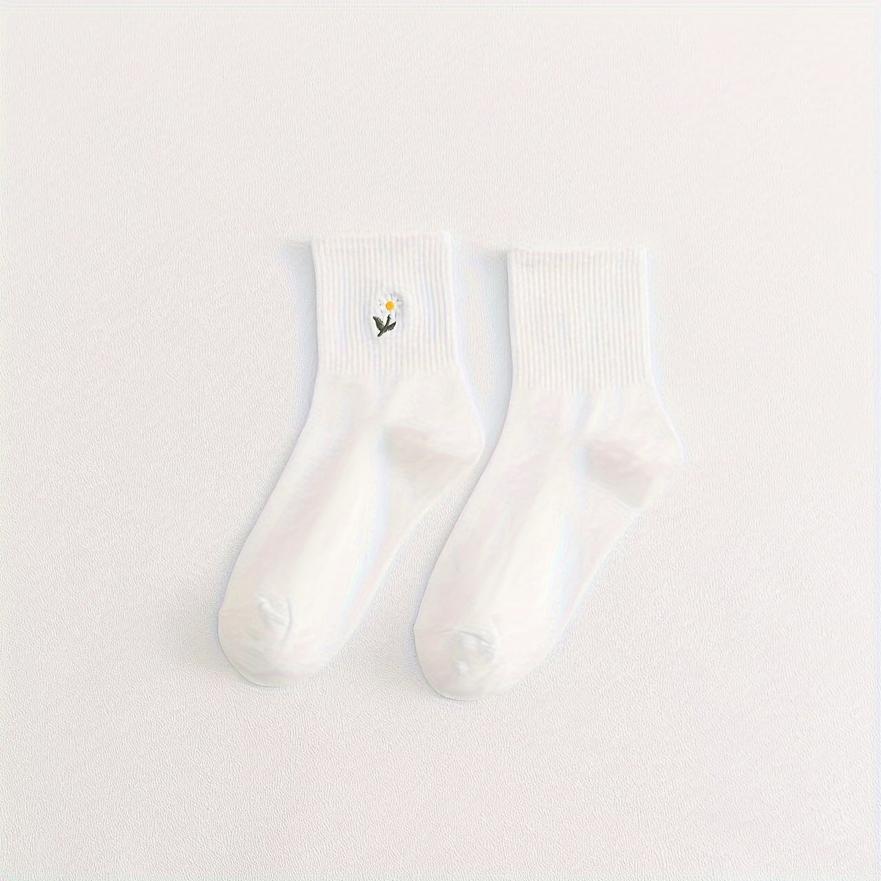5 Pairs Womens Fashion Solid Color Mid-Tube Socks with Delicate Small Daisy Embroidery - Comfortable & Stylish Value Pack