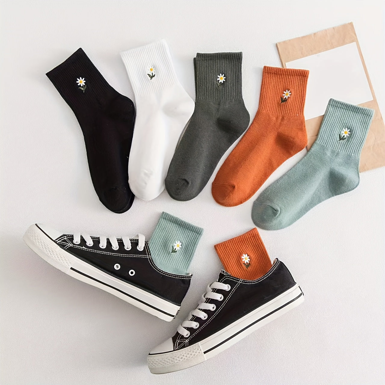 5 Pairs Womens Fashion Solid Color Mid-Tube Socks with Delicate Small Daisy Embroidery - Comfortable & Stylish Value Pack