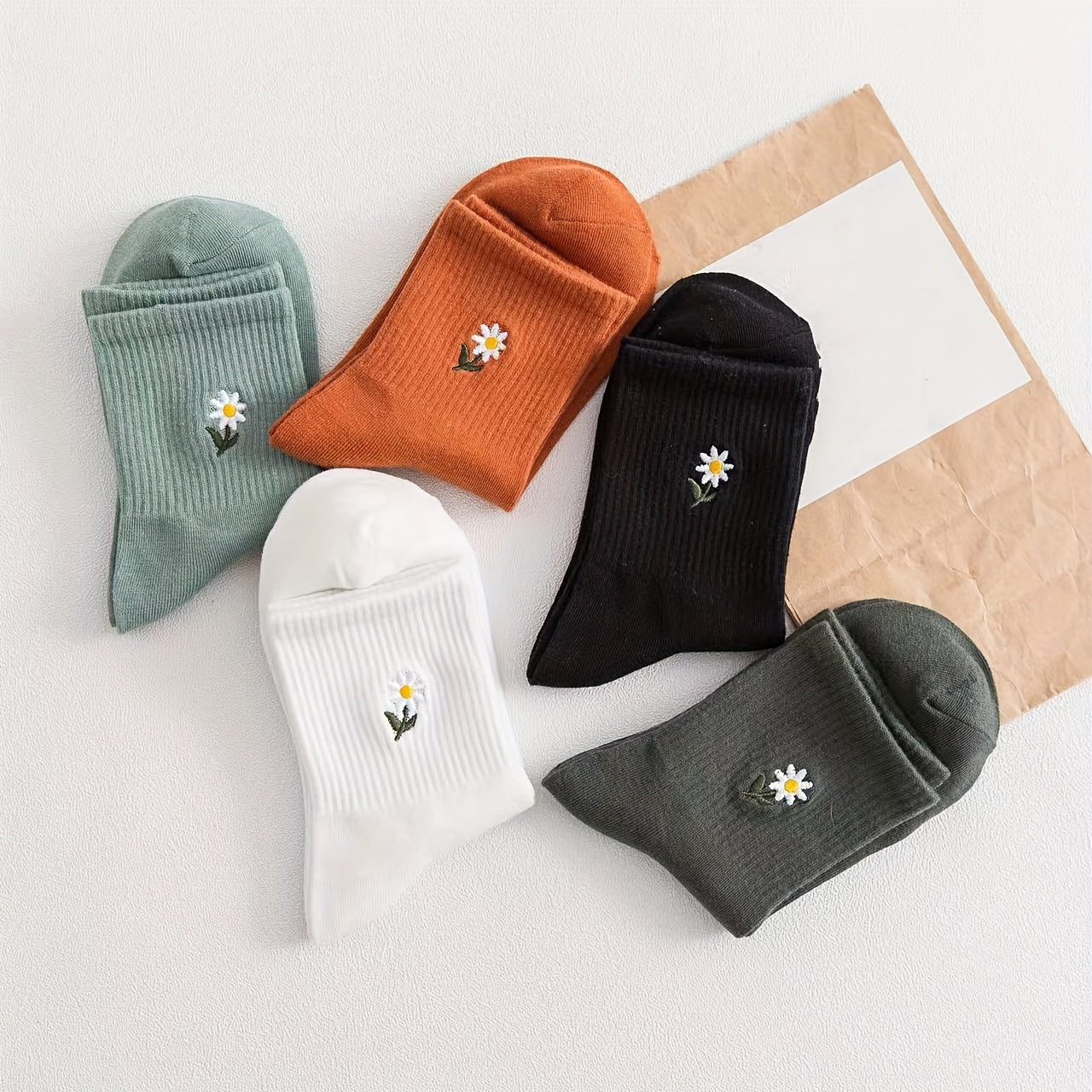 5 Pairs Womens Fashion Solid Color Mid-Tube Socks with Delicate Small Daisy Embroidery - Comfortable & Stylish Value Pack