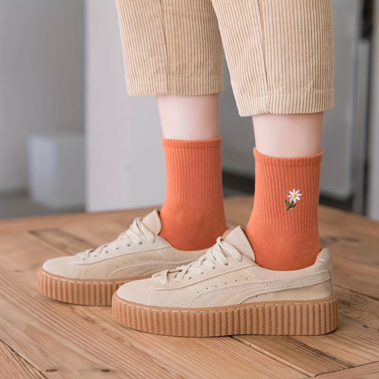 5 Pairs Womens Fashion Solid Color Mid-Tube Socks with Delicate Small Daisy Embroidery - Comfortable & Stylish Value Pack