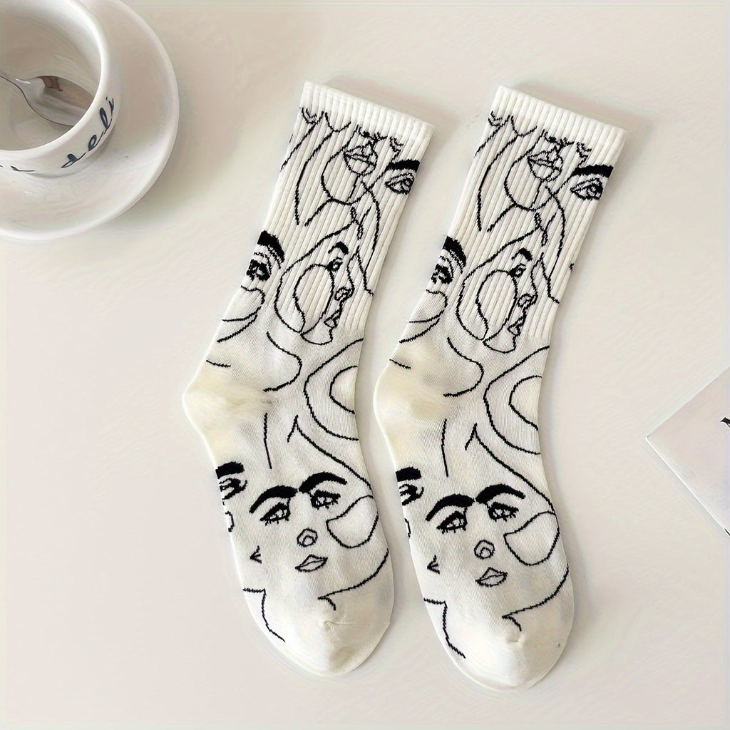 3\u002F 6 Pairs Abstract Line Paintings Mid Tube Socks Street Trend Sports Sweat Absorbing Breathable Couple Casual Socks