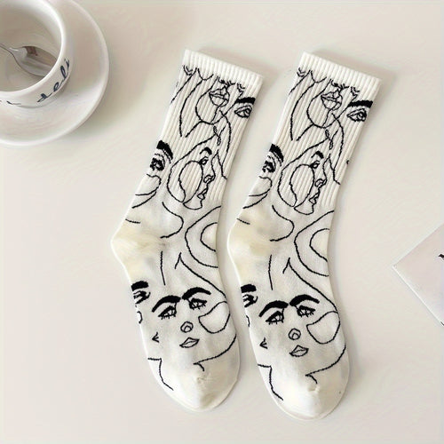 3\u002F 6 Pairs Abstract Line Paintings Mid Tube Socks Street Trend Sports Sweat Absorbing Breathable Couple Casual Socks