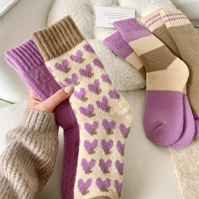 Heart Pattern Terry Socks 4 Pairs Warm Heart Pattern Comfy Terry Socks - Women's Stockings