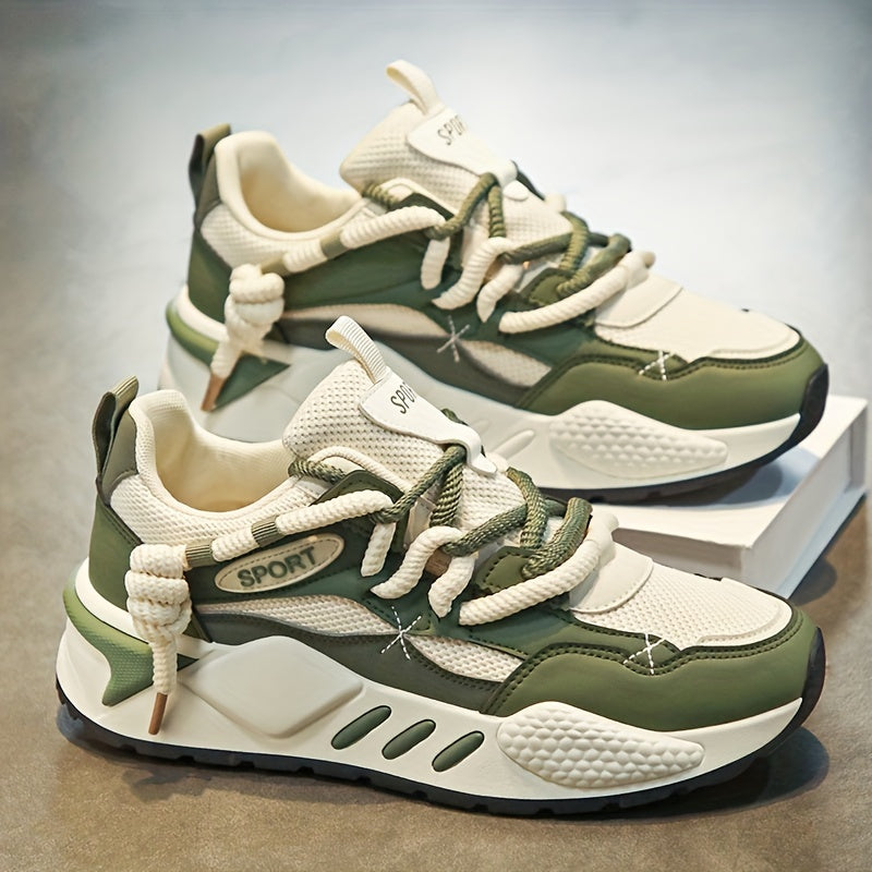 Men's Lightweight Low-Top Sneakers - Breathable PU Upper & Rubber Sole, White\u002FGrey\u002FGreen Colorway, All-Season Casual Running Shoes for Outdoor Walking, Gym Training & Travel, Laceup Closure, Fabric Lined Interior