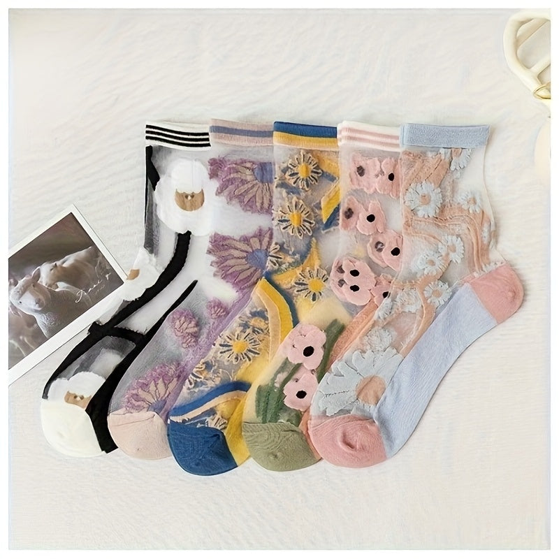 5 Pairs Women's Floral Lace Mesh Breathable Mid-Calf Socks - Lightweight Summer Thin Glass Crystal-Textured Stockings, 5 Colors for Casual Outdoor Office Beach Wear, Gift for Her, Versatile Footwear | Playful Socks | Polyester Socks, Cute Socks