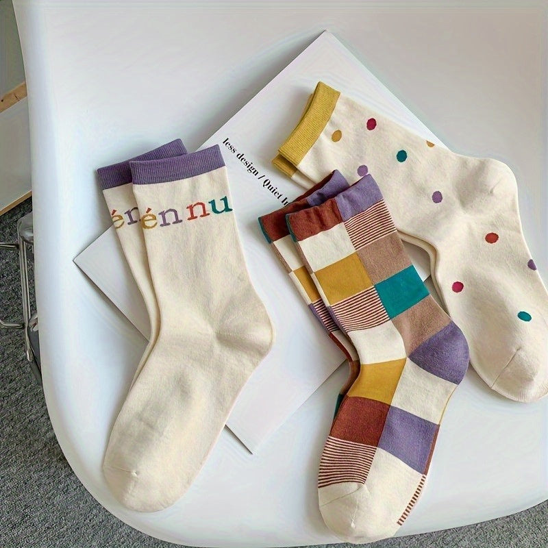 4 Pairs, Ladies, Cute, Boat Socks, Casual, Vintage, Pattern, Color, Weaving, Gift.
