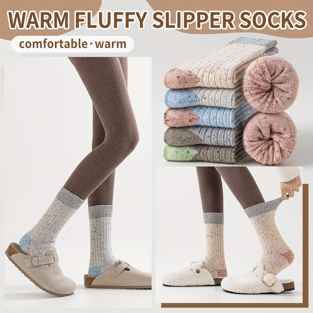 6 Pairs Merino Wool Cute Striped Women Socks, Crew Long Fashion Socks, Color Blocked Striped Pile Socks Hiking Warm Winter Thick Thermal Crew Cozy Cabin Ladies Gift Comfy Boot Work Socks