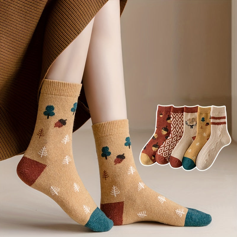 6 Pairs of Women'S Thick Medium Tube Socks, Retro Cartoon Animals And Geometric Patterns, Soft And Comfortable Autumn And Winter Thermal Socks, Fashionable And Casual Suede Socks