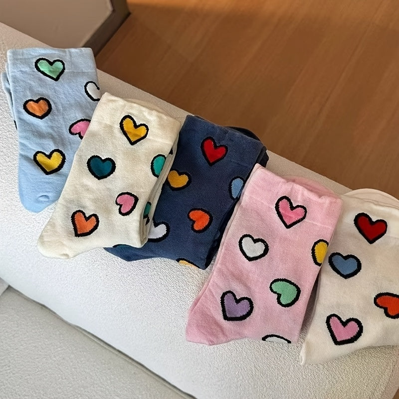 5 Colors And 5 Pairs Of Korean Ins Trendy Socks For, Cute Pile Socks, Versatile Colorful Heart Tube Socks, Dopamine White Internet Famous Long Socks, Hip-hop Best Friend Couple