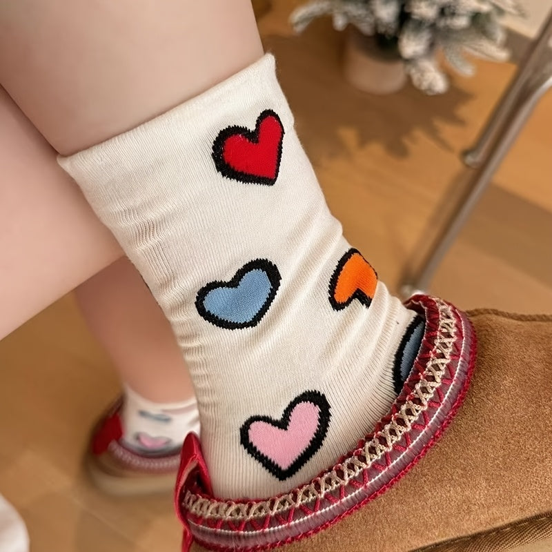 5 Colors And 5 Pairs Of Korean Ins Trendy Socks For, Cute Pile Socks, Versatile Colorful Heart Tube Socks, Dopamine White Internet Famous Long Socks, Hip-hop Best Friend Couple