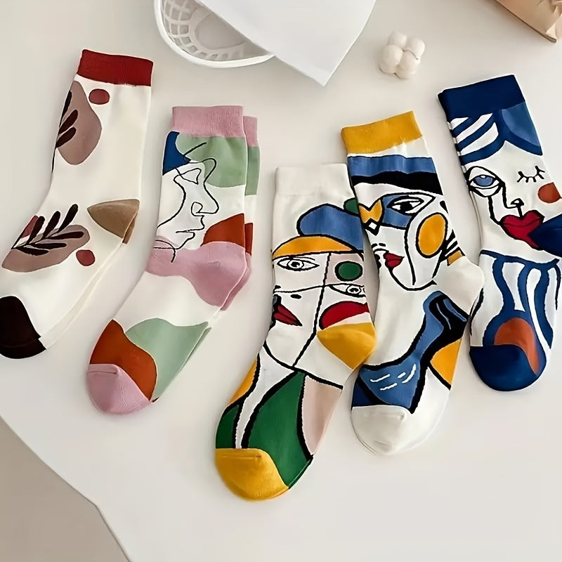 5 Pairs Of 5-color Spring\u002Fsummer Women'S Socks, Breathable And Sweat Absorbing Women'S Long Socks, Autumn\u002Fwinter Socks, Facial Art Socks, Mid Tube Socks