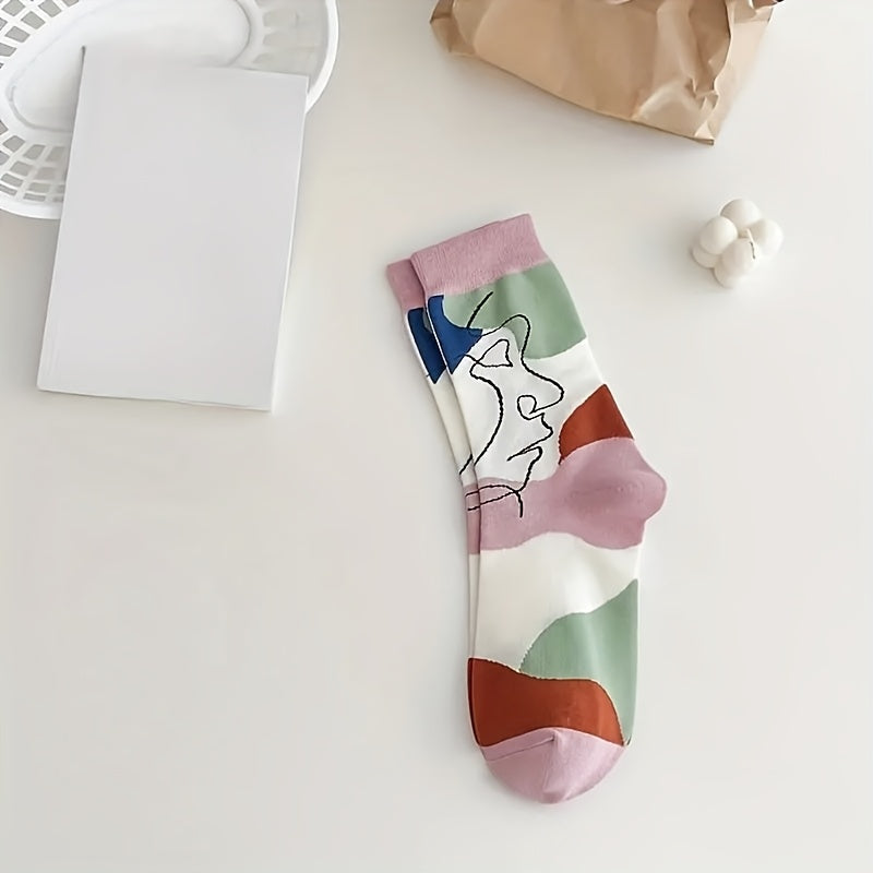 5 Pairs Of 5-color Spring\u002Fsummer Women'S Socks, Breathable And Sweat Absorbing Women'S Long Socks, Autumn\u002Fwinter Socks, Facial Art Socks, Mid Tube Socks