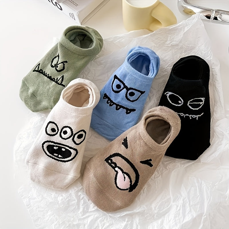 5\u002F10 Pairs Of Small Monsters Cartoon Expression Boat Socks Women Shallow Mouth Invisible Cute Personality Interesting Short Tube Not Falling Off with Soft And Comfortable