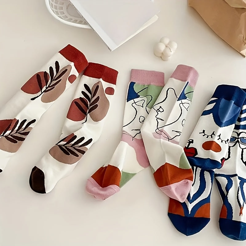 5 Pairs Of 5-color Spring\u002Fsummer Women'S Socks, Breathable And Sweat Absorbing Women'S Long Socks, Autumn\u002Fwinter Socks, Facial Art Socks, Mid Tube Socks