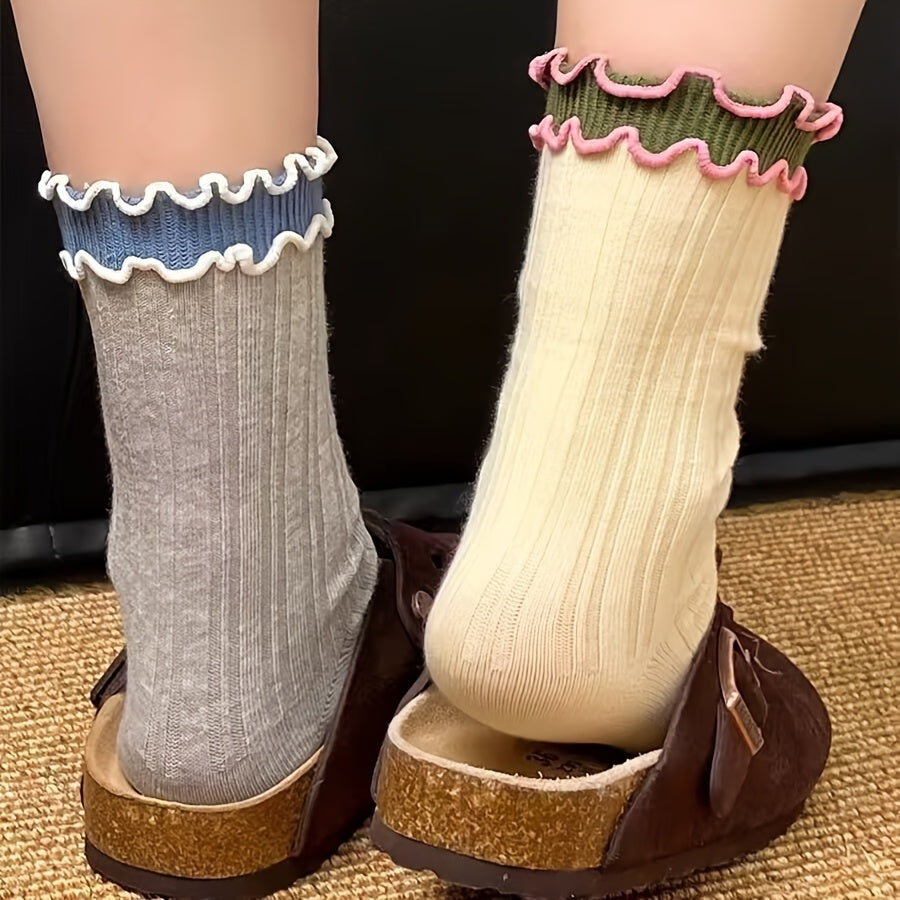 6 Pairs Women'S Double-Layer Ruffled Mid-Calf Socks - Scalloped Edge Lace Trim, Soft Stackable Design, Assorted Solid Colors for Casual & Formal Wear, Layered Sock Styling, Soft Texture