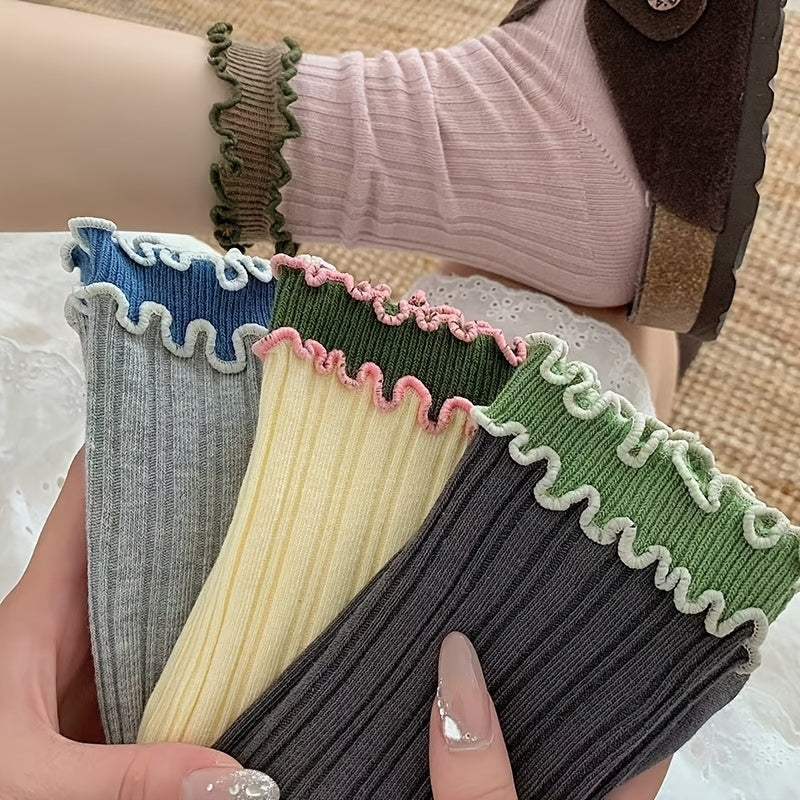 6 Pairs Women'S Double-Layer Ruffled Mid-Calf Socks - Scalloped Edge Lace Trim, Soft Stackable Design, Assorted Solid Colors for Casual & Formal Wear, Layered Sock Styling, Soft Texture