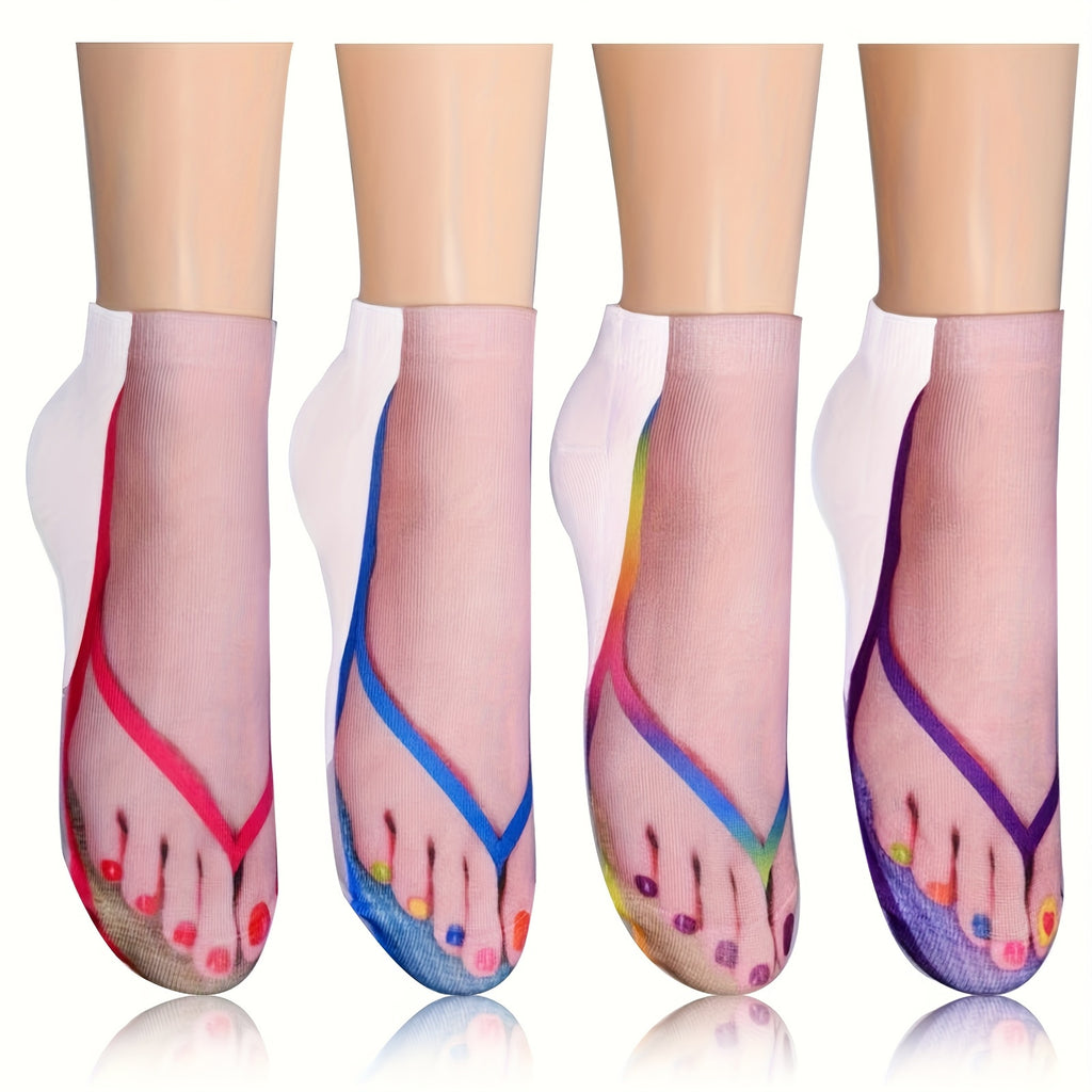 4 Pairs Women's Flip-Flop Socks - Soft Elastic Toe Posters with Nail Polish Print & Geometric Patterns, Breathable Casual Home Beach Travel Socks for Daily Wear, Novelty Socks, Playful Design, Flexible Material