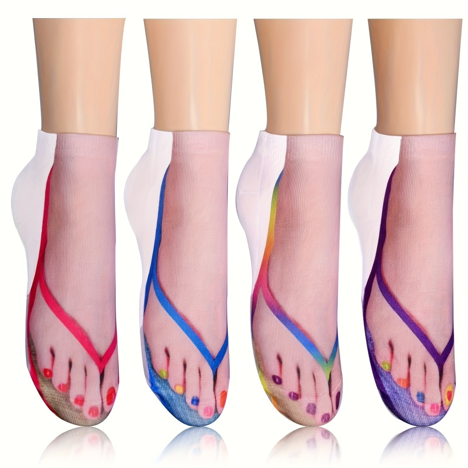 4 Pairs Women's Flip-Flop Socks - Soft Elastic Toe Posters with Nail Polish Print & Geometric Patterns, Breathable Casual Home Beach Travel Socks for Daily Wear, Novelty Socks, Playful Design, Flexible Material