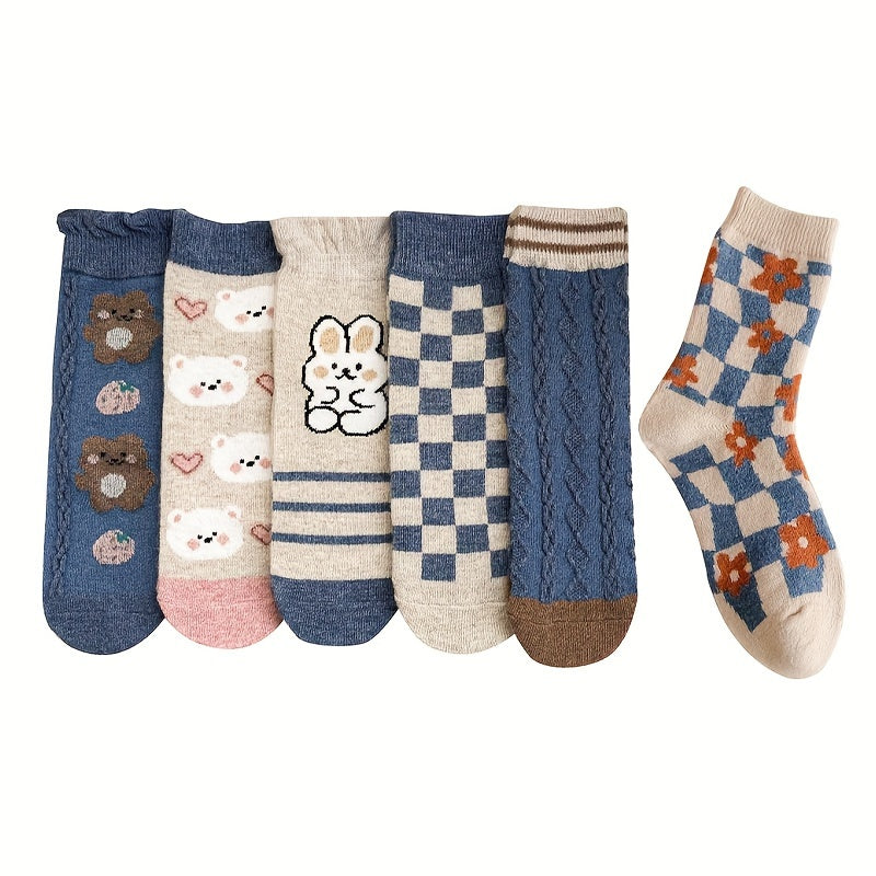 6 Pairs of Women'S Thick Medium Tube Socks, Retro Cartoon Animals And Geometric Patterns, Soft And Comfortable Autumn And Winter Thermal Socks, Fashionable And Casual Suede Socks