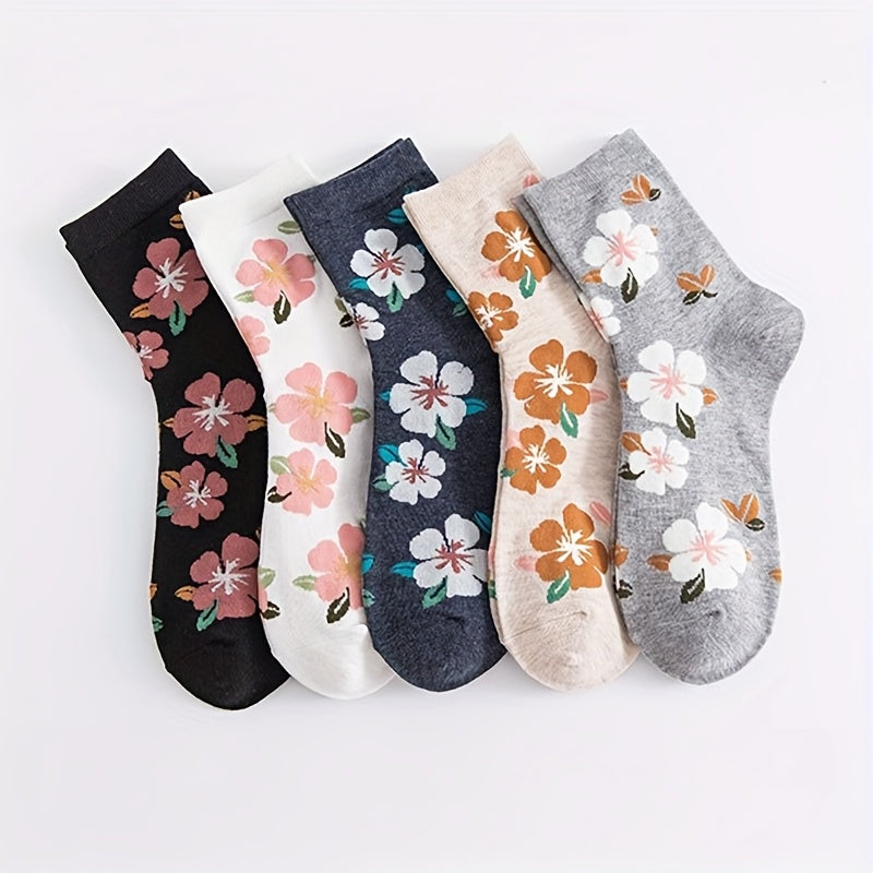 5 Pairs Women's Mid-Calf Floral Print Socks - Soft Polyester Blend, Multi-Color Mixed & Match Patterns, Cute Cartoon Style, Hand Wash Only, All-Season Casual Elegant Socks for Spring Summer