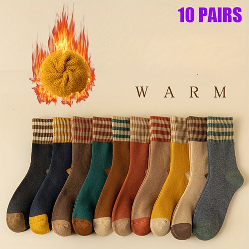 10 Colors And 10 Pairs Autumn And Winter Looped Socks For Women With Thick Fleece And Mid Tube Socks, Warm Towel Socks, Black Long Socks, Trendy Socks For Women, And Women's Socks Ladies Socks