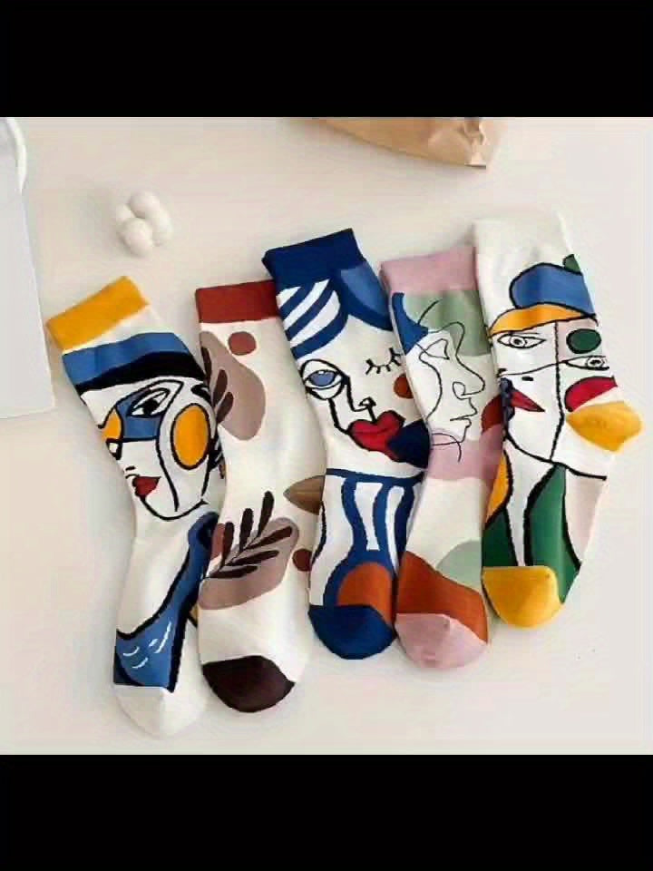 5 Pairs Of 5-color Spring\u002Fsummer Women'S Socks, Breathable And Sweat Absorbing Women'S Long Socks, Autumn\u002Fwinter Socks, Facial Art Socks, Mid Tube Socks