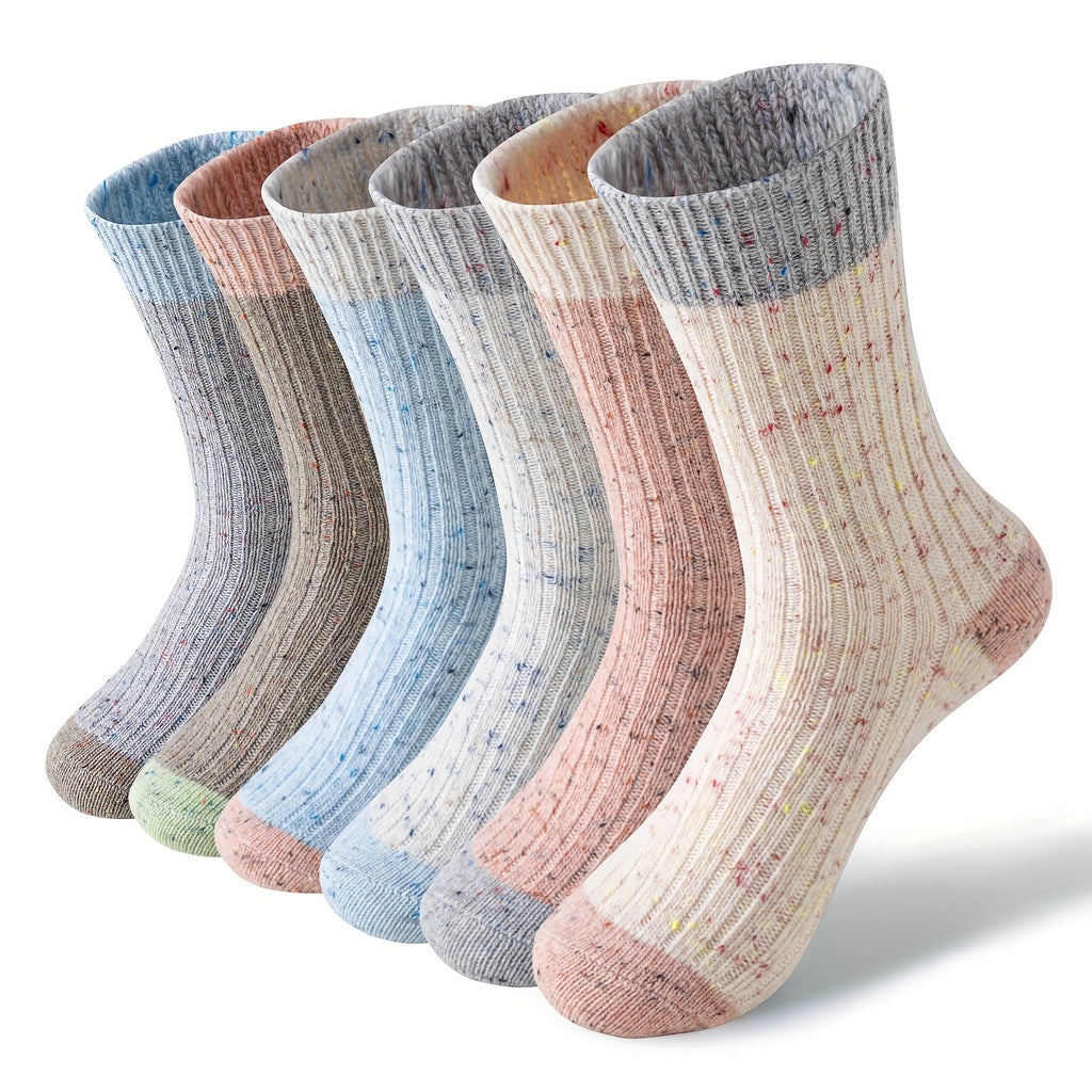 6 Pairs Merino Wool Cute Striped Women Socks, Crew Long Fashion Socks, Color Blocked Striped Pile Socks Hiking Warm Winter Thick Thermal Crew Cozy Cabin Ladies Gift Comfy Boot Work Socks