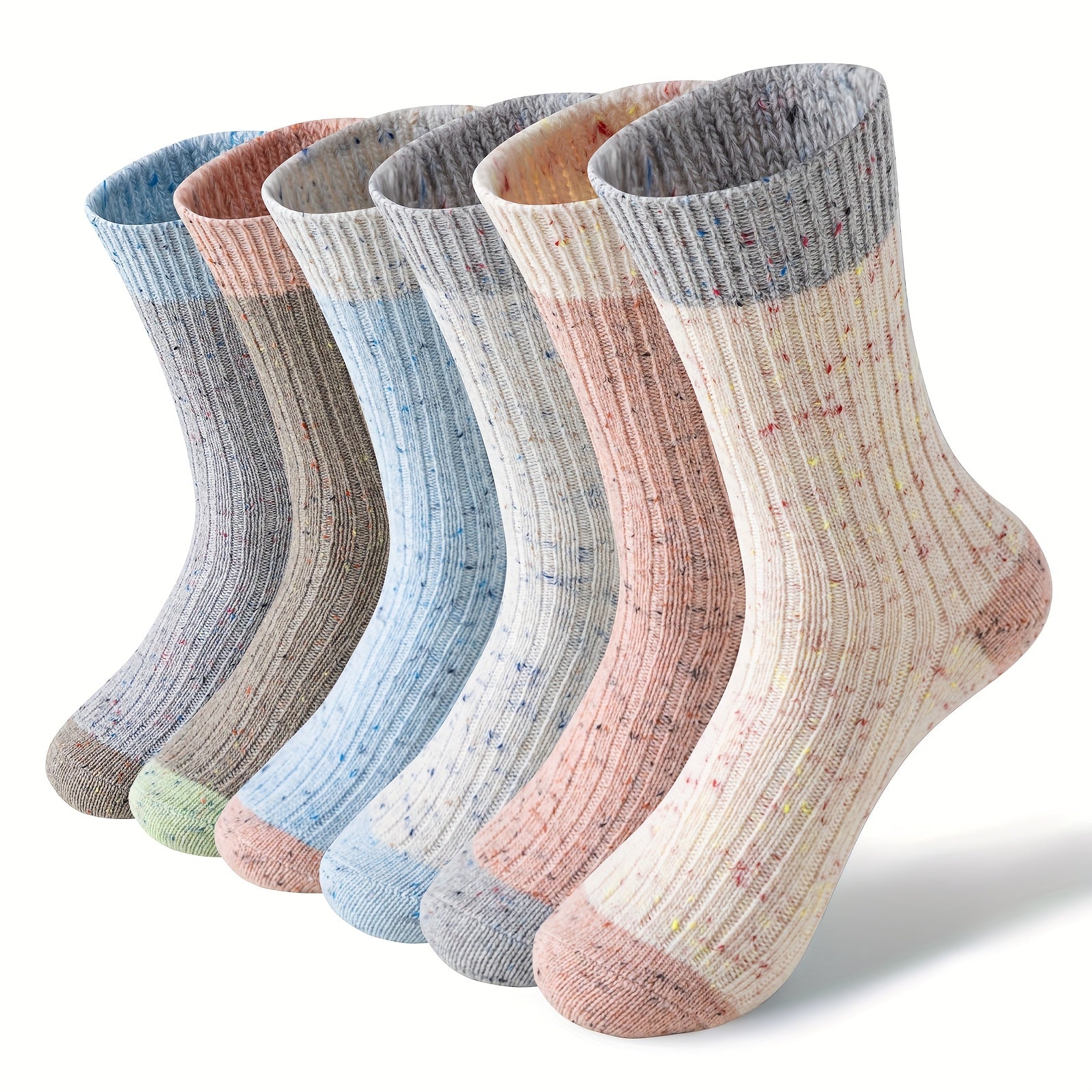 6 Pairs Merino Wool Cute Striped Women Socks, Crew Long Fashion Socks, Color Blocked Striped Pile Socks Hiking Warm Winter Thick Thermal Crew Cozy Cabin Ladies Gift Comfy Boot Work Socks