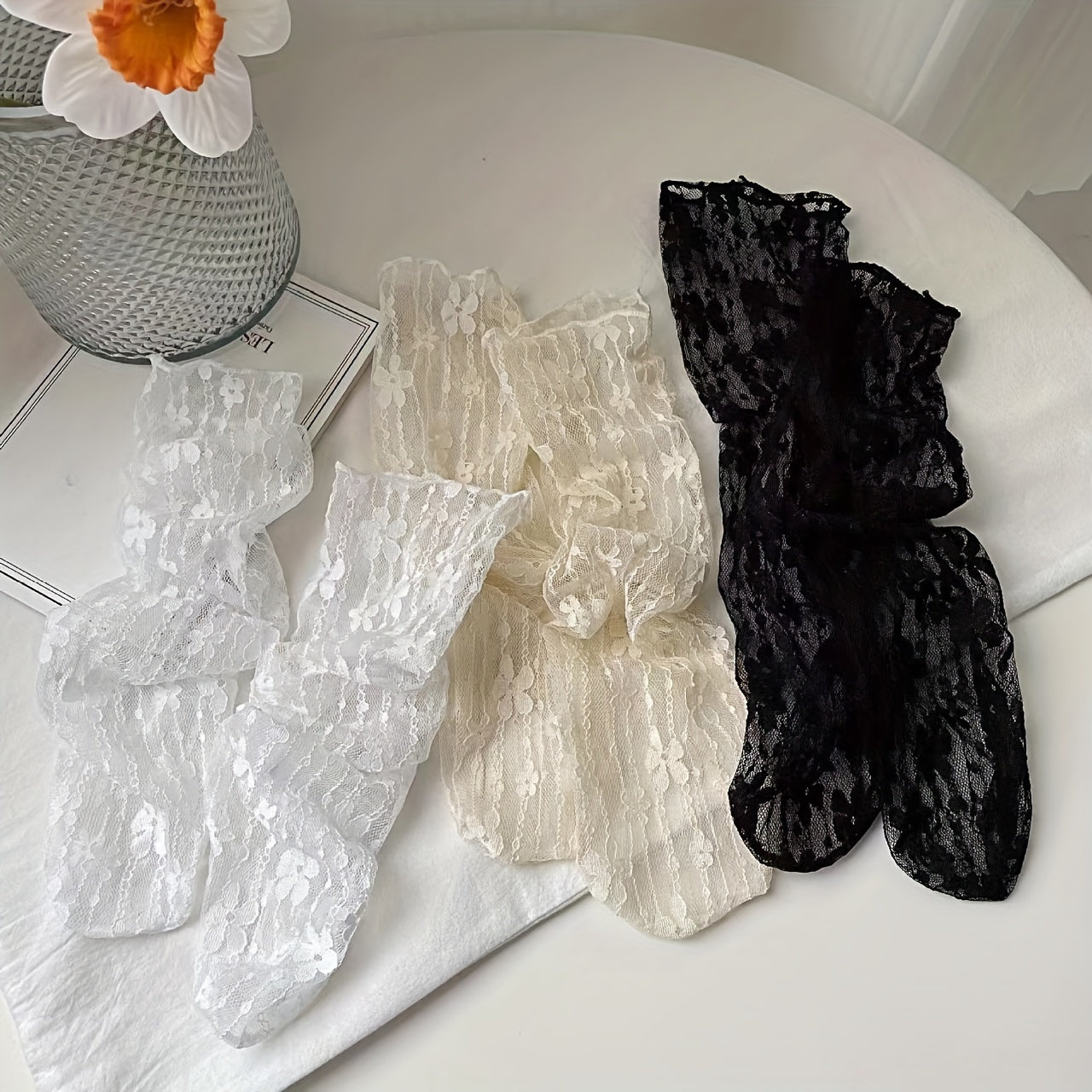 6 pairs daisy flower Women'S Lace Socks Ruffle Frilly Mesh Lace Loose Sock Sheer Mesh Slouch Sock Decorated Ankle High Sheer Socks for Women