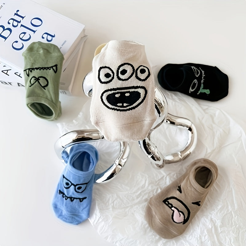 5\u002F10 Pairs Of Small Monsters Cartoon Expression Boat Socks Women Shallow Mouth Invisible Cute Personality Interesting Short Tube Not Falling Off with Soft And Comfortable