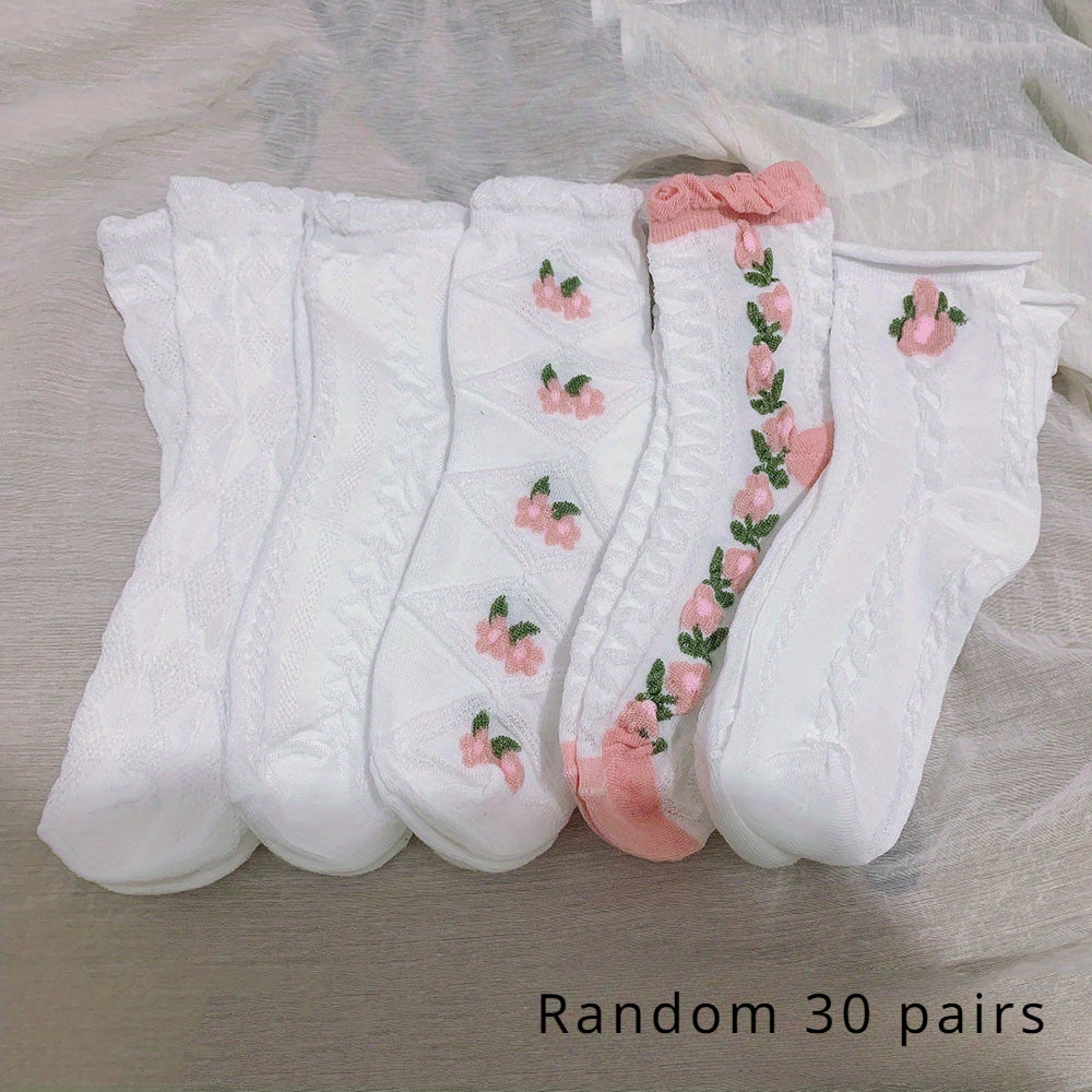 10\u002F20\u002F30 Pairs Women'S Floral Lace Mid-Calf Socks - All-Season Lightweight Pastel Pink & White, Delicate Ribbed Cuffs, Breathable Polyester for Casual Outdoor Wear, Feminine Sock Design
