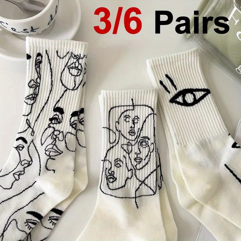 3\u002F 6 Pairs Abstract Line Paintings Mid Tube Socks Street Trend Sports Sweat Absorbing Breathable Couple Casual Socks