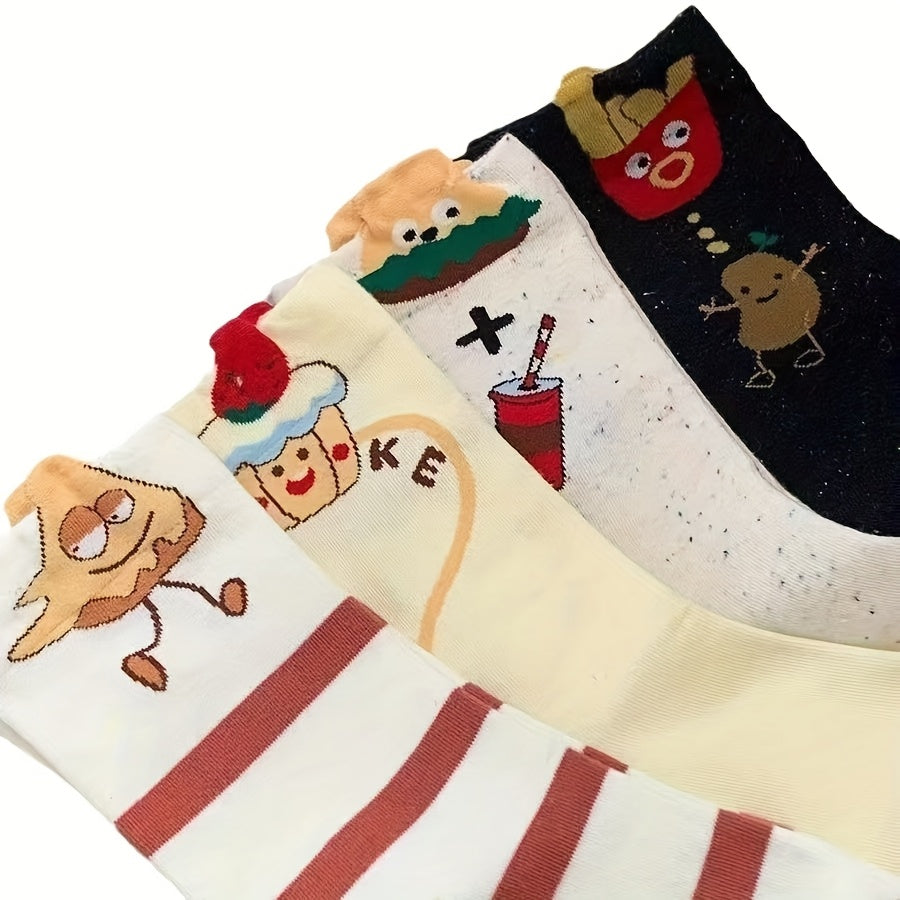 5 Pairs 2025 Trendy Unisex Couple Socks - Ins Style Cartoon Animal & Food Print Long Socks, 5 Colors, Soft Polyester All-Season Warm Socks for Home, Sports, Sleep, Casual Outings, Cozy Home Socks | Vibrant Sock Collection | Polyester Socks, Cute Socks