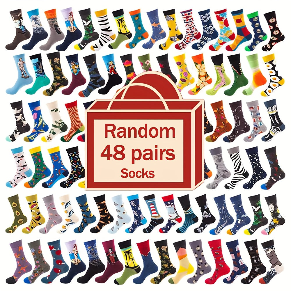 48 Pairs Of Soft And Comfortable Colored Mid Tube Socks With Novel Patterns, Random Colors, Fashionable And Versatile Trends
