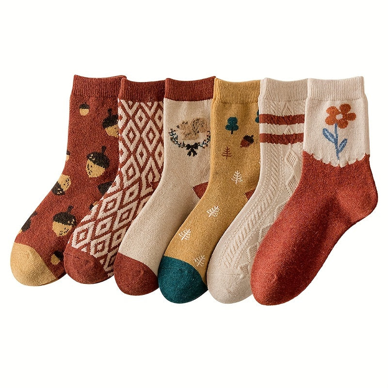 6 Pairs of Women'S Thick Medium Tube Socks, Retro Cartoon Animals And Geometric Patterns, Soft And Comfortable Autumn And Winter Thermal Socks, Fashionable And Casual Suede Socks