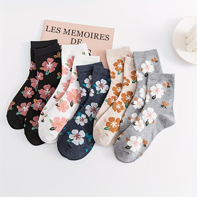 5 Pairs Women's Mid-Calf Floral Print Socks - Soft Polyester Blend, Multi-Color Mixed & Match Patterns, Cute Cartoon Style, Hand Wash Only, All-Season Casual Elegant Socks for Spring Summer