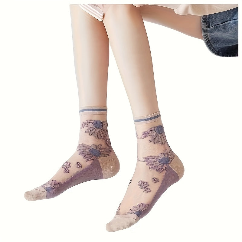 5 Pairs Women's Floral Lace Mesh Breathable Mid-Calf Socks - Lightweight Summer Thin Glass Crystal-Textured Stockings, 5 Colors for Casual Outdoor Office Beach Wear, Gift for Her, Versatile Footwear | Playful Socks | Polyester Socks, Cute Socks