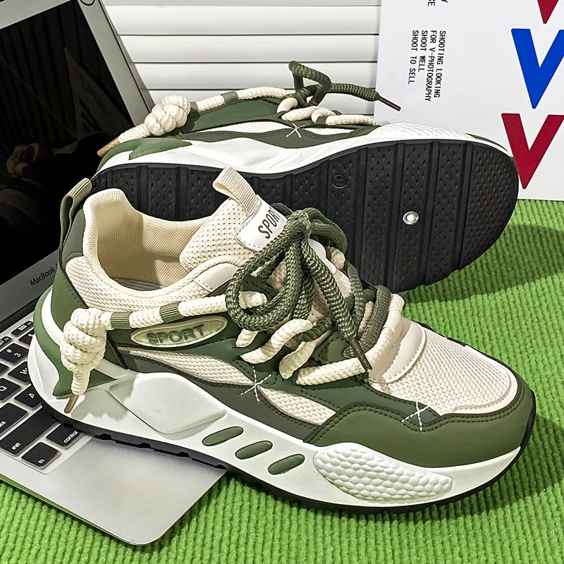 Men's Lightweight Low-Top Sneakers - Breathable PU Upper & Rubber Sole, White\u002FGrey\u002FGreen Colorway, All-Season Casual Running Shoes for Outdoor Walking, Gym Training & Travel, Laceup Closure, Fabric Lined Interior