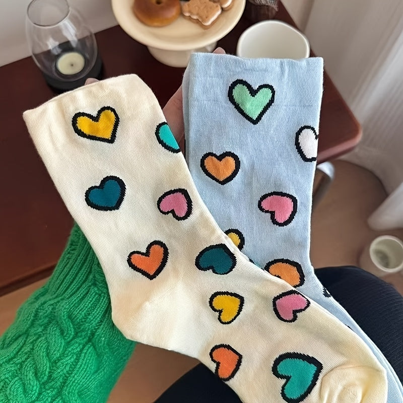 5 Colors And 5 Pairs Of Korean Ins Trendy Socks For, Cute Pile Socks, Versatile Colorful Heart Tube Socks, Dopamine White Internet Famous Long Socks, Hip-hop Best Friend Couple