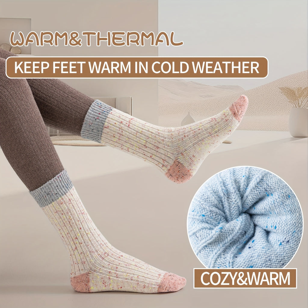 6 Pairs Merino Wool Cute Striped Women Socks, Crew Long Fashion Socks, Color Blocked Striped Pile Socks Hiking Warm Winter Thick Thermal Crew Cozy Cabin Ladies Gift Comfy Boot Work Socks